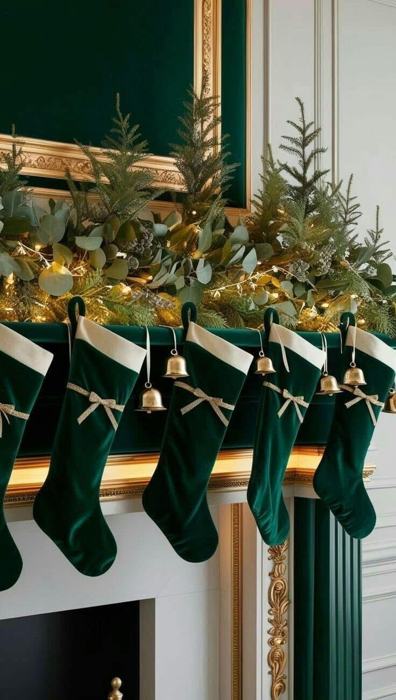 Bas de Noël en velours émeraude et clochettes dorées sur la cheminée