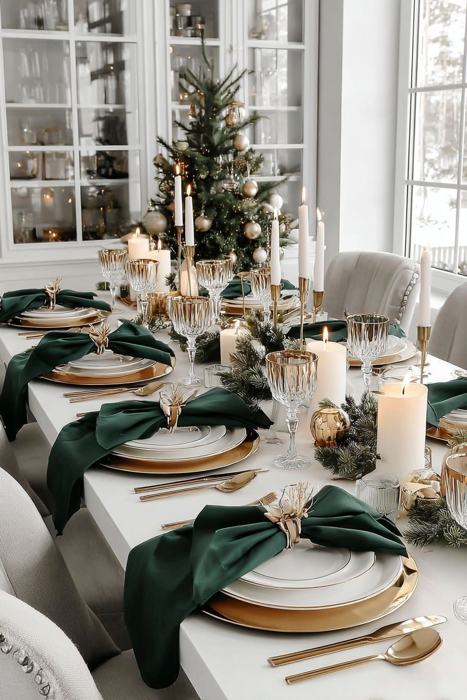 Table de fête blanche et or avec serviettes émeraude et bougies