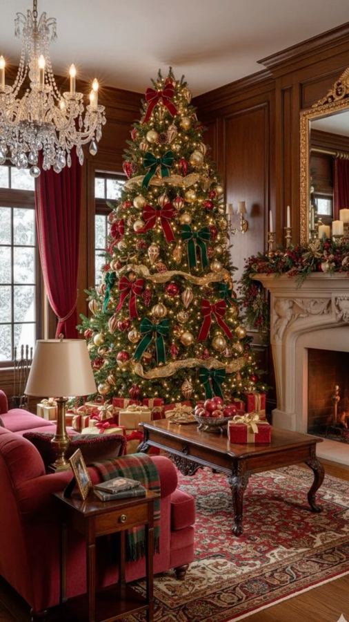 Salon élégant décoré pour Noël : grand sapin aux nœuds en velours, lustre en cristal et cheminée